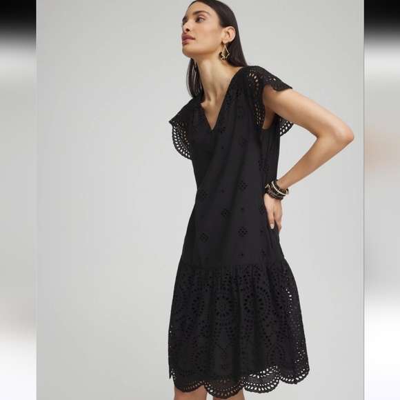 EUC CHICO'S EYELET SCALLOP HEM DRESS BLACK SZ 3.5 (18) - Picture 4 of 12